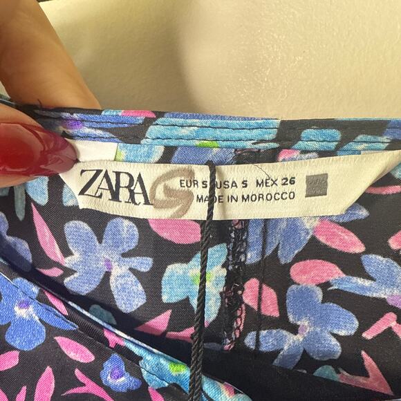 NEW NWT Zara Midi‎ Blue Floral Long Sleeve Satin Dress Small Belted Front Slit - Picture 9 of 10